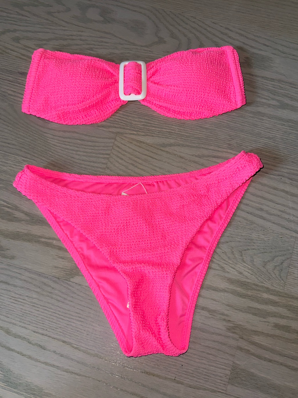 Milly Neon Pink Textured Bandeau Bikini With White Buckle